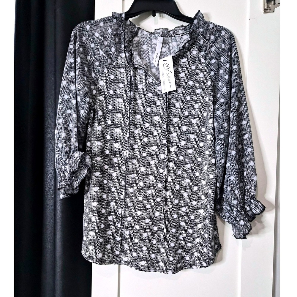 NWT NY Collection Womens Black White Polka Dot Ruffle Neck Blouse Medium